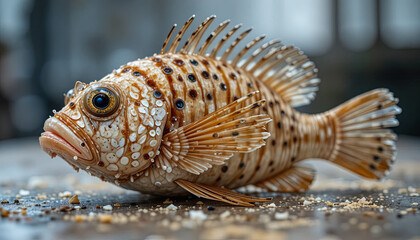 A beautifully patterned fish with distinctive features lies on a wooden table. Tiny food particles surround it, enhancing the lively scene in a bustling kitchen environment
