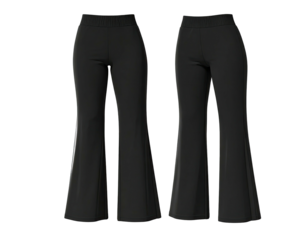 Two views of black flare pants, showcasing the front and back for fashion