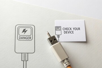 USB cable plugged in with danger warning label present