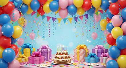 Festive birthday celebration scene with balloons, gifts, cake, and colorful decorations, ready for a party.