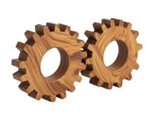 Two wooden gears, meshing together, set against a stark black background
