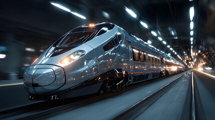 Fototapeta premium Futuristic train traveling through sleek tunnel, showcasing advanced technology and speed