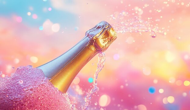 Sparkling champagne bottle erupts in celebratory spray