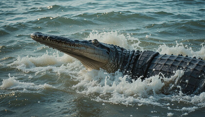 A large crocodile emerges from the water, creating waves as it swims. The sun shines brightly, highlighting its rough skin and sharp teeth. The surrounding water is lively and energetic
