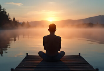 Silhouette of a man sitting on wooden pier by the lake facing the sun