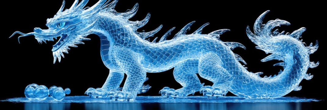 Blue, mystical dragon on a reflective black surface