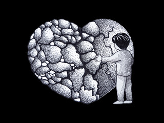 boy hug broken heart break sad depressed love pain emotion feeling mind mental health spiritual heal art design illustration hand drawing black white isolated background sketch icon logo sign symbol