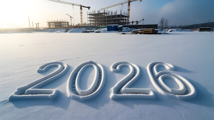inscription 2026 on snow against the background of construction, New Year greetings, happy new year