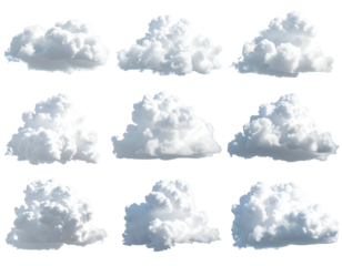 Nine fluffy white clouds isolated on a transparent background