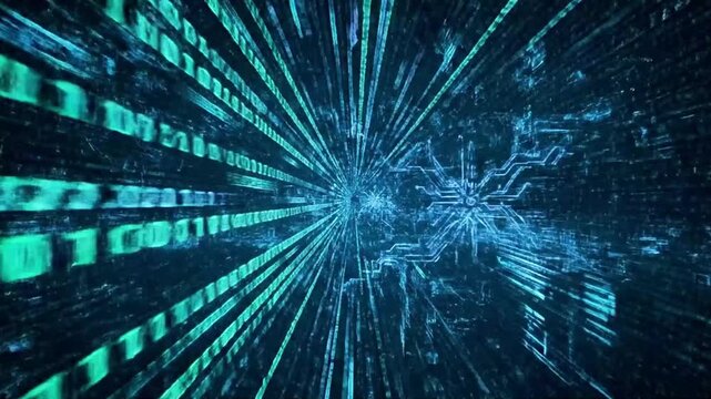 Digital hacker entering a virtual cyber grid full of glowing codes