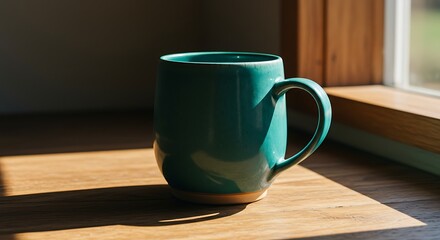 Teal ceramic mug on wooden surface near window with sunlight