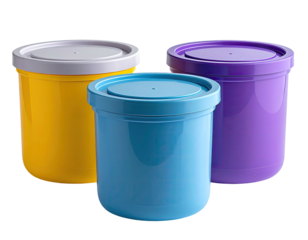 Three colorful plastic containers, cylindrical, sealed with lids, isolated on black