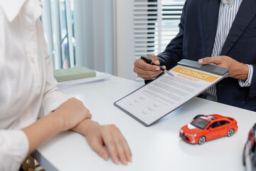Business negotiation for car purchase shown with toy car models, car keys, calculator, and contract agreement. The images illustrate consultation, signing process, and financial decision.