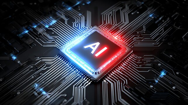 A vibrant close-up of a microchip featuring glowing circuits and the acronym AI, symbolizing advancements in artificial intelligence and technology innovation.