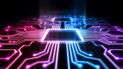 A vibrant digital circuit board illuminated in pink and blue hues, showcasing intricate pathways and connections. Ideal for themes in innovation, technology, and modern design.