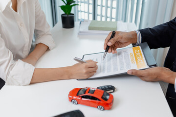 Business negotiation for car purchase shown with toy car models, car keys, calculator, and contract agreement. The images illustrate consultation, signing process, and financial decision.