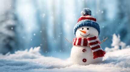 Cheerful Snowman with Blue Hat and Red Scarf in Winter Landscape