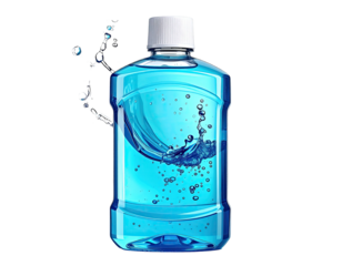 A clear, plastic bottle filled with blue liquid, with water effects