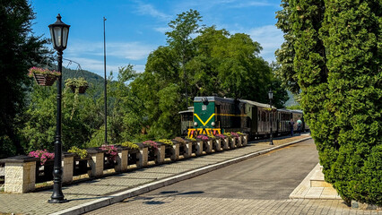 A vintage train meanders through verdant landscapes, evoking nostalgic rail journeys and...