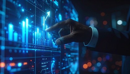 Businessman touches a virtual screen to connect with the global network, a digital technology concept for future business communication