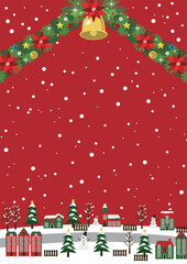 クリスマス背景、街道のある街並み、イラスト、赤、縦、かわいい