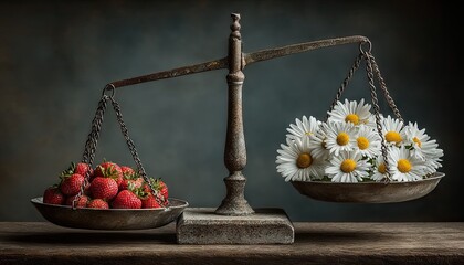 Vintage scale, strawberries, daisies