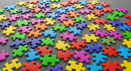 Colorful jigsaw puzzle pieces scattered on gray background for problem solving and teamwork concepts