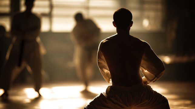 Silhouette of a martial arts practitioner in a dojo