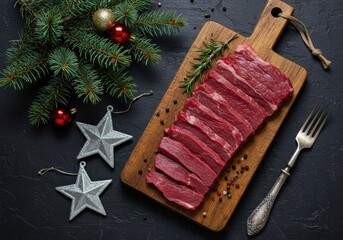 Raw Steak on Wooden Cutting Board with Christmas Decorations