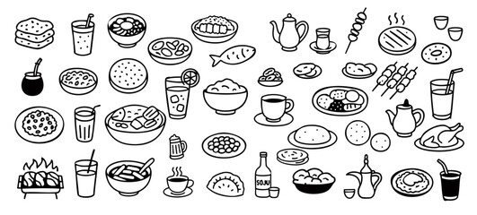 set of hand drawn icons of foods