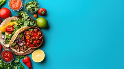 Fototapeta premium Colorful Fresh Tacos with Fresh Ingredients on Blue Background Ready for Celebration or Event