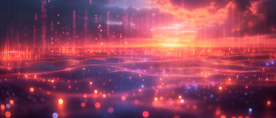 A futuristic smart city glows with red-blue neon as streams of digital data rain through the skyline and across a connected grid.