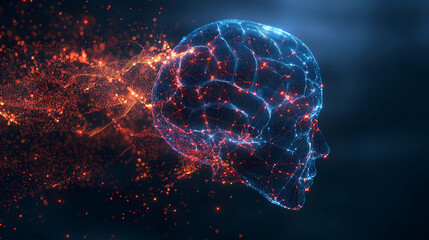 A hyper-real 3D render of a glowing digital brain floating in a dark, cinematic scene. Networks of orange and blue light trace neural pathways
