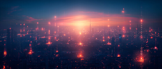 A futuristic smart city glows with red-blue neon as streams of digital data rain through the skyline and across a connected grid.