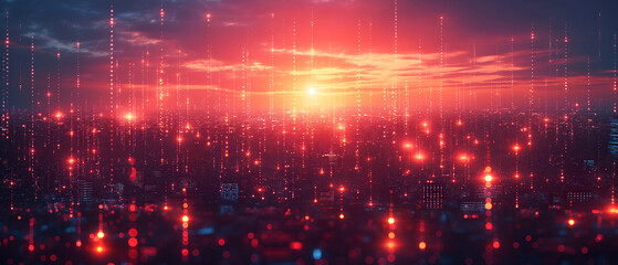 A futuristic smart city glows with red-blue neon as streams of digital data rain through the skyline and across a connected grid.