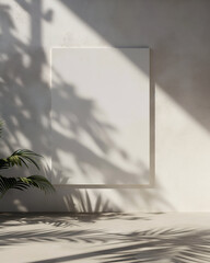 Sunlit poster mockup scene featuring a blank vertical frame on a textured plaster wall with soft palm-leaf shadows