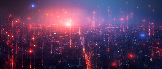 A futuristic smart city glows with red-blue neon as streams of digital data rain through the skyline and across a connected grid.