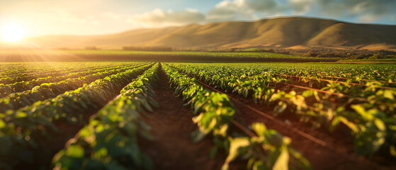 Golden-hour sunlight washes over neat rows of young crops in a wide rural field, highlighting fresh green leaves against rich