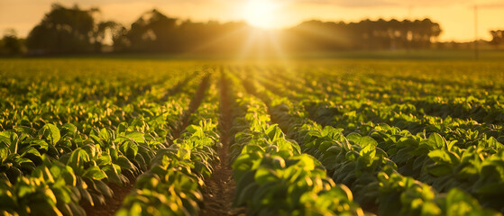 Golden-hour sunlight washes over neat rows of young crops in a wide rural field, highlighting fresh green leaves against rich