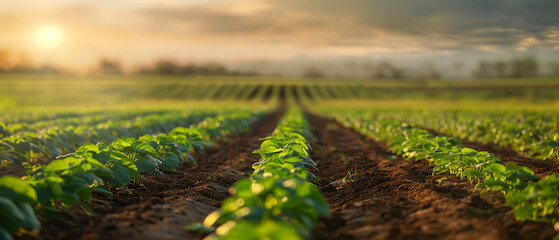 Golden-hour sunlight washes over neat rows of young crops in a wide rural field, highlighting fresh green leaves against rich