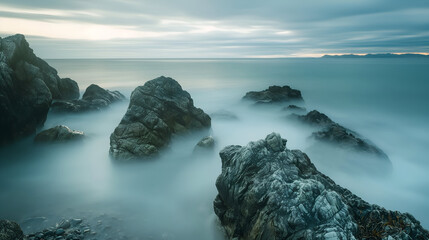 Panoramic long-exposure seascape featuring rugged coastal rocks surrounded by silky, mist-like water beneath a moody sky
