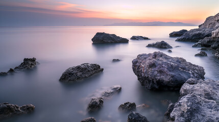 Panoramic long-exposure seascape featuring rugged coastal rocks surrounded by silky, mist-like water beneath a moody sky