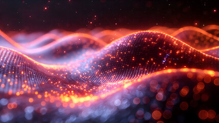 Abstract, futuristic waves of luminous particles ripple across a dark space, forming a holographic mesh that glows in neon