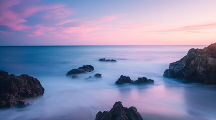 Panoramic long-exposure seascape featuring rugged coastal rocks surrounded by silky, mist-like water beneath a moody sky
