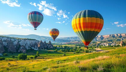 Obraz premium Colorful hot air balloons in flight over the mountains offer a high adventure and freedom of travel in the sky