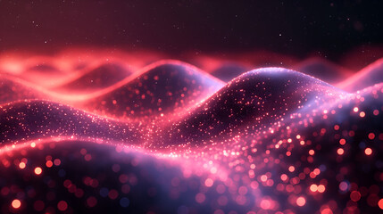 Abstract, futuristic waves of luminous particles ripple across a dark space, forming a holographic mesh that glows in neon