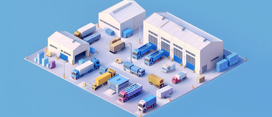 Isometric 3D illustration of a modern logistics hub with warehouses, loading docks, and fleets of trucks moving cargo and pallets