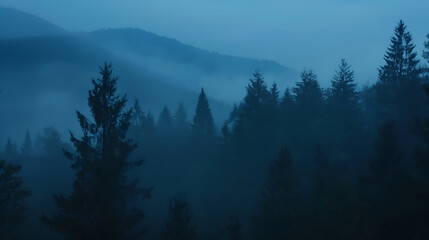 Moody panoramic view of a mist-filled conifer forest at blue hour. Layers of evergreen ridges fade into the distance through drifting fog