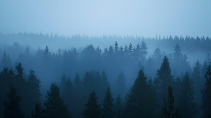 Moody panoramic view of a mist-filled conifer forest at blue hour. Layers of evergreen ridges fade into the distance through drifting fog