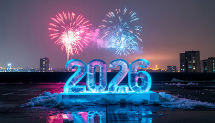 Illuminated ice sculpture of the year 2026 celebrating with colorful fireworks display.